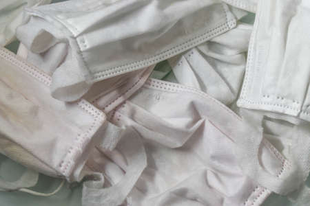 April 8,2020 Fullfame background texture of used Hygienic masks Unicharm brand after using from...