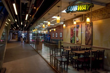 April 19,2020 Subway cafe at Huamak airport rail link station in Bangkok Thailandのeditorial素材