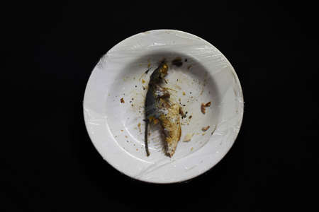 Top view of Incomplete fried makerel in a plate with plastic wrappedの写真素材