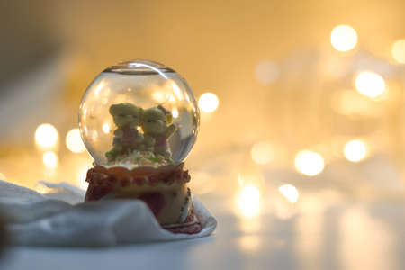 2 Piggy in Glass snow globe with bokeh backgroundの写真素材