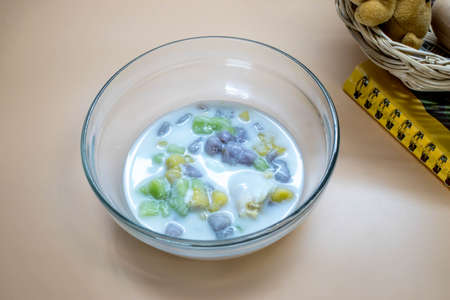 Rainbow Thai Glutinous Rice Balls in coconut milk (the famous local thai dessert )の写真素材