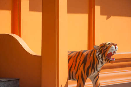 The Tiger sculpture with orange background at Wat Luang Pho Ophasi temple ,Bang mod distrcict ,Bangkok Thailandの写真素材