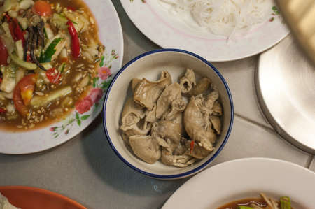 Top view of A Home cooking dinner menu Thai style boiled Chitterlings (Hors d'oeuvres) in Bangkok Thailandの写真素材