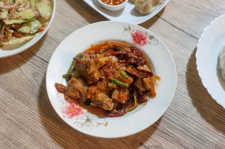 Top view of Phaksha Ribs (The Bhutanese Chili Pork Ribs ) at Ong-Ang walking street in Bangkok Thailandの写真素材