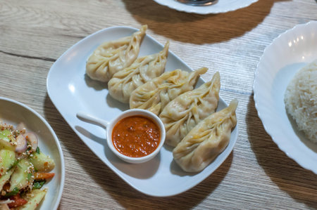 Top view of Steamed Veggie Momo (The Bhutanese appetizer) at Ong-Ang walking street in Bangkok Thailandの写真素材