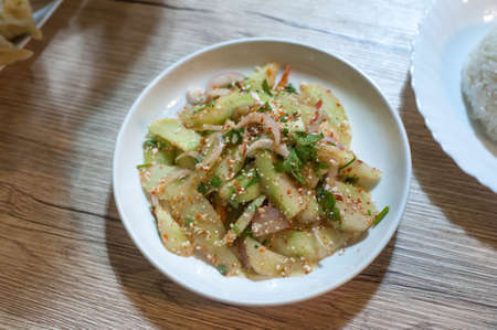 Top view of Hogay Salad ( Cucumber and chili cheese salad )  The Bhutanese salad  at Ong-Ang walking street in Bangkok Thailandの写真素材