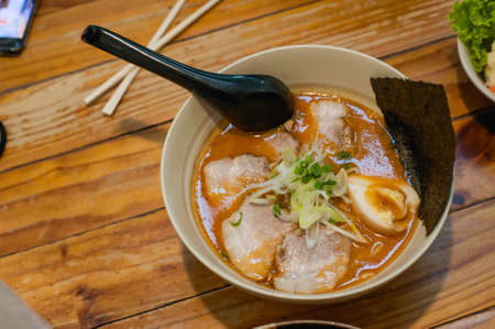 Top view of Chashumen ramen at Sapporo ramen restaurant in Bangkok Thailand