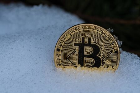 golden bitcoin coin in snow - crypto currency ice timeの写真素材