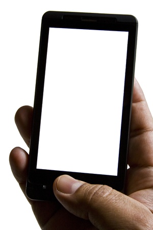 A smartphone operated by one hand on white background with copy spaceの写真素材