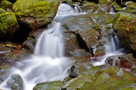 view of the torrent in a series of small waterfallsの写真素材