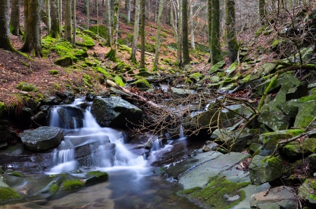 view of the torrent in a series of small waterfallsの写真素材