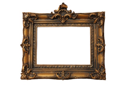 Gold plated and richly decorated frame on a white background