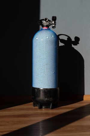 Scuba diving tank double valve with net onの写真素材