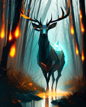 Deer in the forest in the fog. 3D illustration. AI generatedの素材