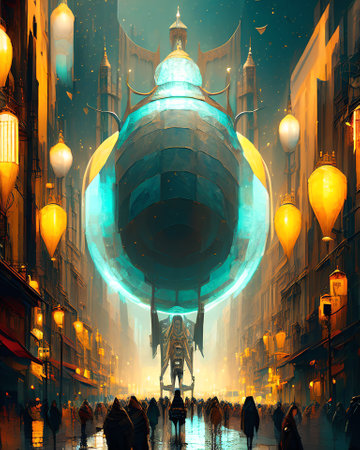 Orb Spaceship in the center of the city. Digital painting. AI generatedの素材