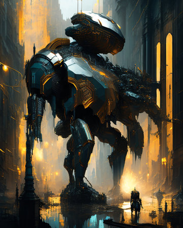 3D rendering of a robot in a futuristic city with light effects AI Generatedの素材