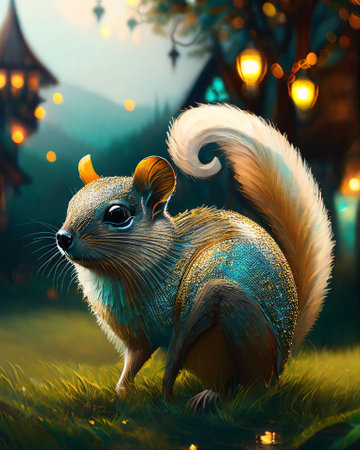 Fantasy illustration of a cute little chinchilla in the forest AI Generatedの素材