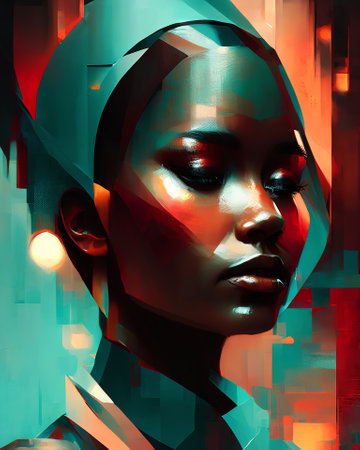 Futuristic abstract fantasy portrait of a beautiful african american woman. AI generatedの素材