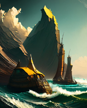 Old ship in the ocean. 3D illustration. Fantasy world. AI generatedの素材