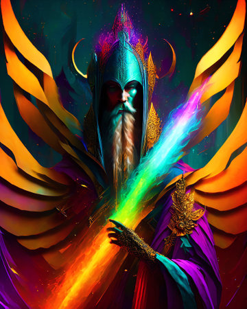 Beautiful fantasy warrior with a rainbow light sword in his hand. Digital painting. AI generatedの素材