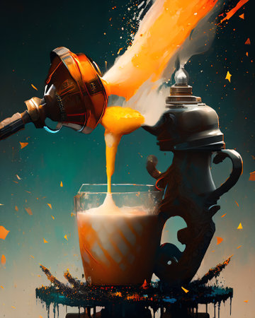Pouring coffee in a cup with fire on a dark background. AI generated fantasyの素材