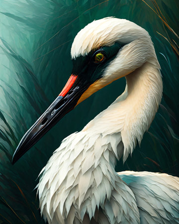 Egret on a background of green leaves. 3d illustration AI Generatedの素材