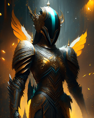3D rendering of a fantasy warrior in armor with wings and fire AI Generatedの素材