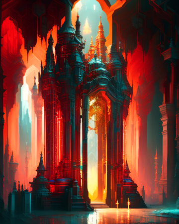 Temple in the mist. 3D rendering. Computer digital drawing. AI generatedの素材