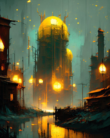 abstract scene of old city at night, digital painting, illustration AI Generatedの素材
