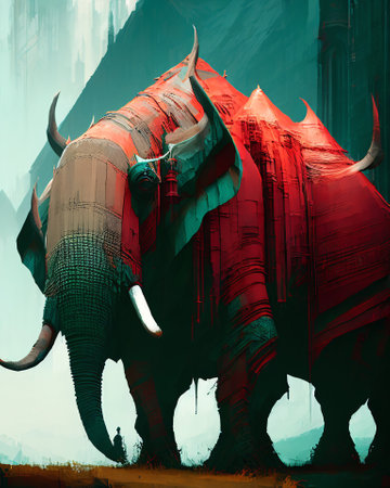 Digital painting of a large elephant with big horns in the city. AI generatedの素材
