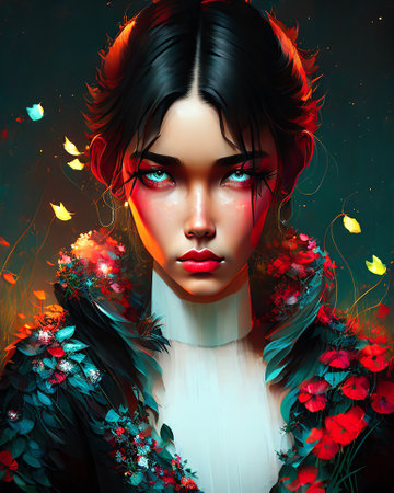 Portrait of a beautiful girl with fantasy make-up and red flowers. AI generatedの素材