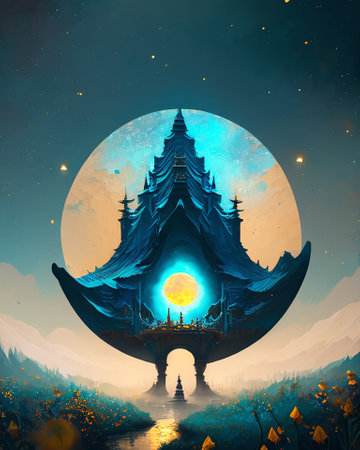 fantasy temple in the moonlight. 3D illustration. AI generatedの素材