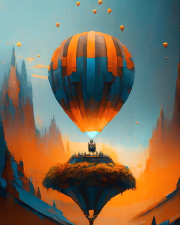 Hot air balloon flying over the ancient city. Digital painting illustration. AI generatedの素材