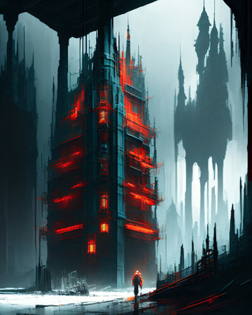 Futuristic gothic building with red lights, 3d render AI Generatedの素材