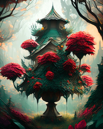 Fantasy landscape with pagoda in the forest. 3D rendering AI Generatedの素材