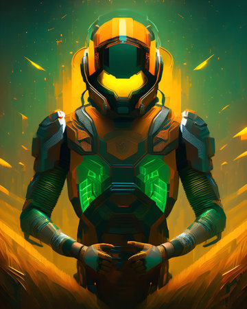 Cyborg with green armor on a green background. 3d illustration AI Generatedの素材