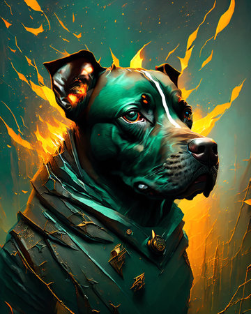 Fantasy portrait of a dog with flames in the background. AI generatedの素材