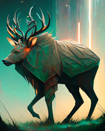 Digital painting of a reindeer in the grass, with a colorful background AI Generatedの素材