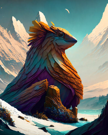 Fantasy alien planet. Mountain creature. 3D illustration. Digital painting. AI generatedの素材