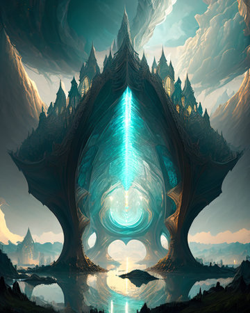Fractal 3D illustration of ancient temple in the sky. AI generatedの素材