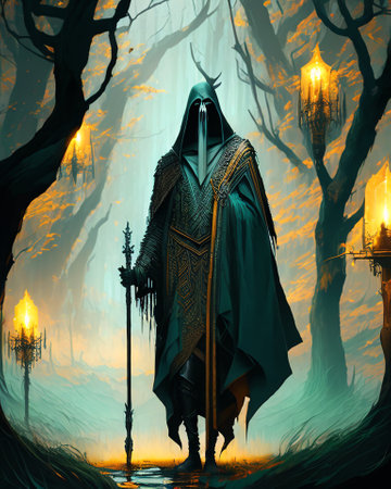 Mysterious halloween mage in dark forest with glowing candles AI Generatedの素材