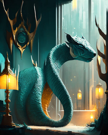 Naga in the interior of the temple. 3D rendering. AI generatedの素材