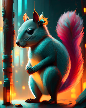 3D rendering of a cute cartoon squirrel in the neon light. AI generatedの素材