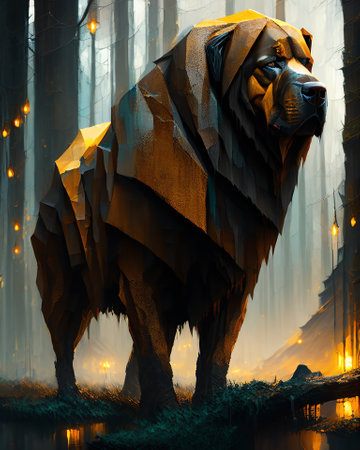 3d illustration of a dog in a dark forest with light and fog AI Generatedの素材