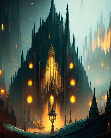 Gothic temple in a foggy night. digital illustration. AI generatedの素材