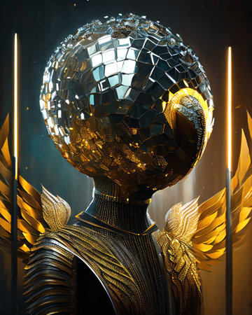 3D rendering of a fantasy world in gold and black with a mirror ball AI Generatedの素材
