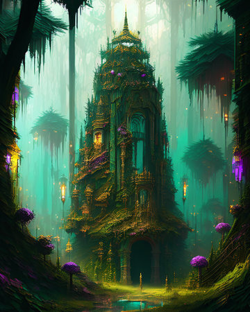 Mystical temple in the jungle. Fantasy 3D illustration. AI generatedの素材