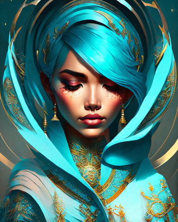 Portrait of a beautiful woman with blue hair. AI generatedの素材