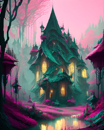 Mystical fantasy illustration of a haunted house in the woods. AI generatedの素材