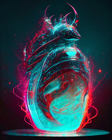 Dragon head potion in neon light on dark background. 3D illustration. AI generatedの素材
